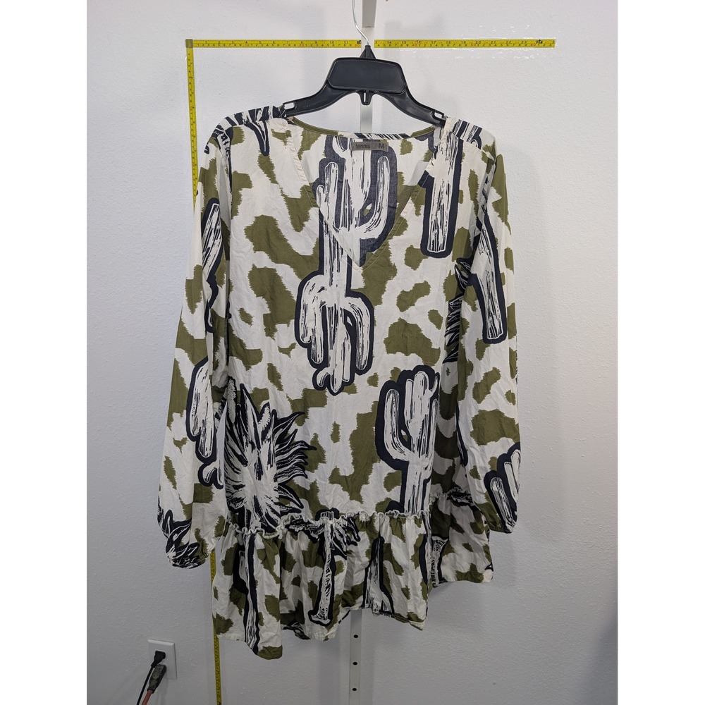 Tennis Cactus Print V-Neck Tunic Top Green White Long‎ Sleeve Ruffle Hem Medium